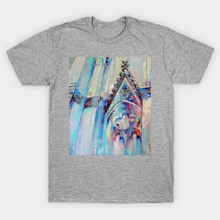 Gothic cathedral. Architectural colorful abstract with graphic silhouette. Oil painting in multicolored tones. T-Shirt